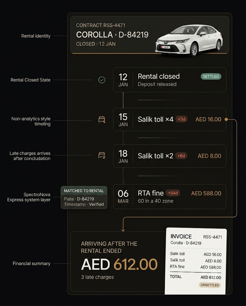 Rental RSS-4471 closed 12 Jan, then Salik tolls and an RTA fine post after the fact, matched to the rental and rolled into an AED 612.00 invoice